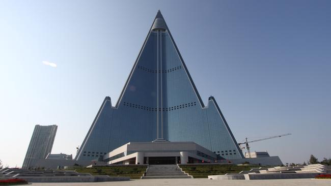 The pyramid-shaped, 105-story Ryugyong Hotel in Pyongyang, North Korea.