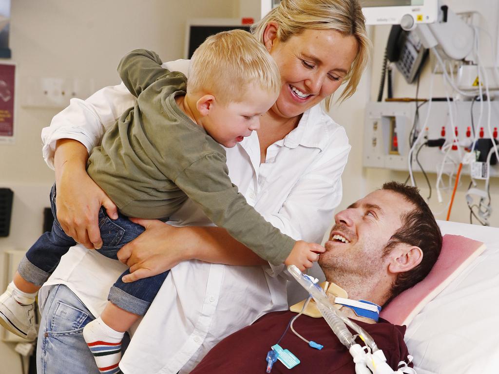 Kate Stapleton with husband Nathan and son Harry at Prince of Wales hospital today. Kate gives birth to their 2nd child next week and the hospital will make sure Nathan is by her side. Picture: Sam Ruttyn