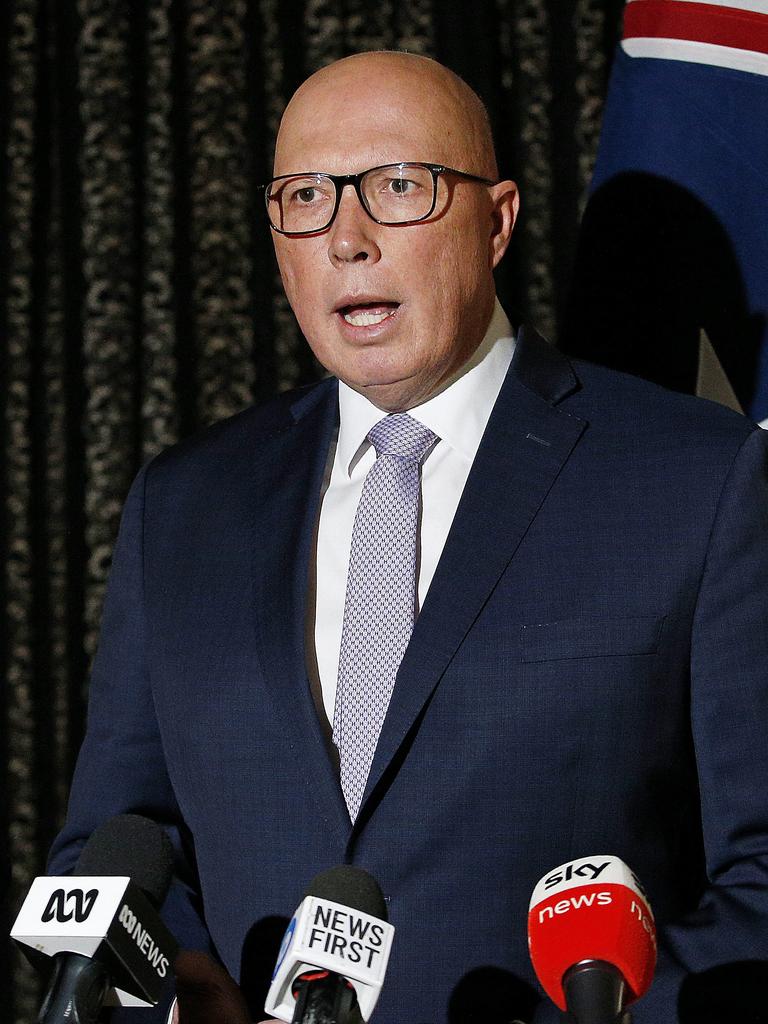 Opposition Leader Peter Dutton speaks at a press conference at the Shangri-la Hotel in Sydney. Picture: NewsWire/John Appleyard