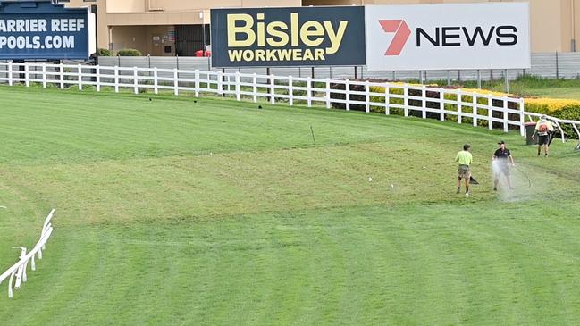 Repair work on the damaged Gold Coast Turf Club track earlier in the week. . Picture: Supplied