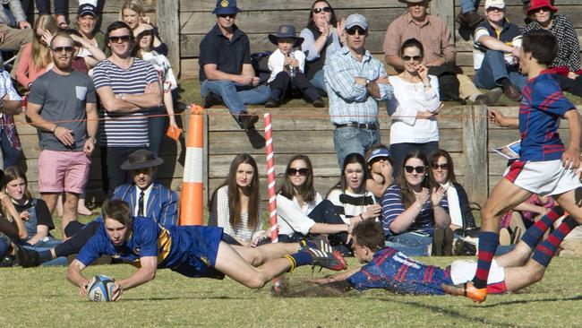 Will Clark-Dickson scores a try for TGS. O'Callaghan Cup played at Downlands College. Saturday, Aug 30, 2014. Photo Nev Madsen / The Chronicle