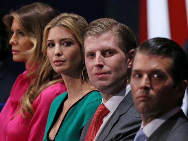 Donald Trump’s sons, Eric Trump and Donald Trump Jr., pictured here alongside Ivanka and Melania Trump, are also accused of fraud. Picture: Tasos Katopodis/AFP