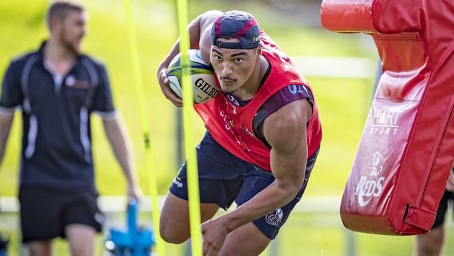 Jordan Petaia hurt his shoulder at Queensland Reds training. Picture: Brendan Hertel