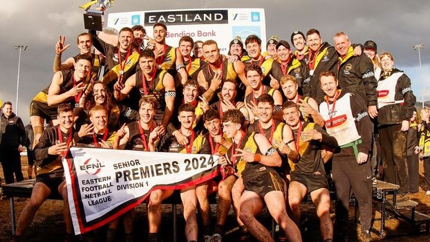 EFNL 2024: Mitcham celebrates back-to-back flags in Division 1. Picture: Leesa Clarkson