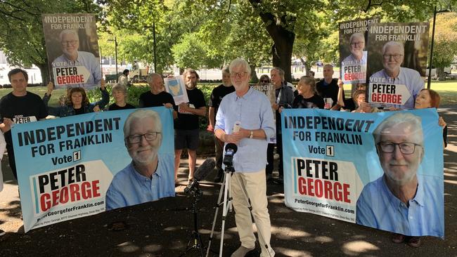 Franklin candidate Peter George announces the backing of the Climate 200 fundraising group on Parliament Lawns in Hobart. Picture: Duncan Abey