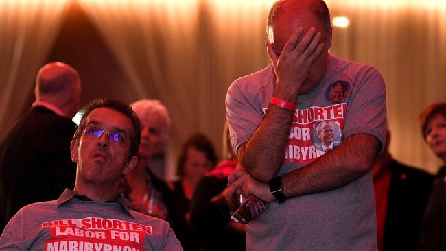 Labor supporters watch the tally count in Melbourne. Picture: Lukas Coch/AAP