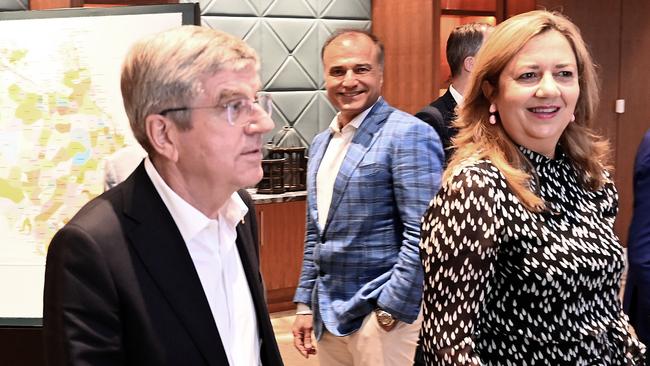 International Olympic Committee President Thomas Bach and Queensland Premier Annastacia Palaszczuk at the Sofitel Hotel in Sydney discussing the Brisbane 2032 Olympic Games. Reza Adib is in the background. Picture: NCA NewsWire / Jeremy Piper