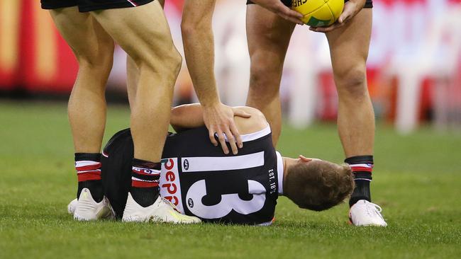 Jack Lonie hyper-extended his right knee against the Crows. Picture: Michael Klein.