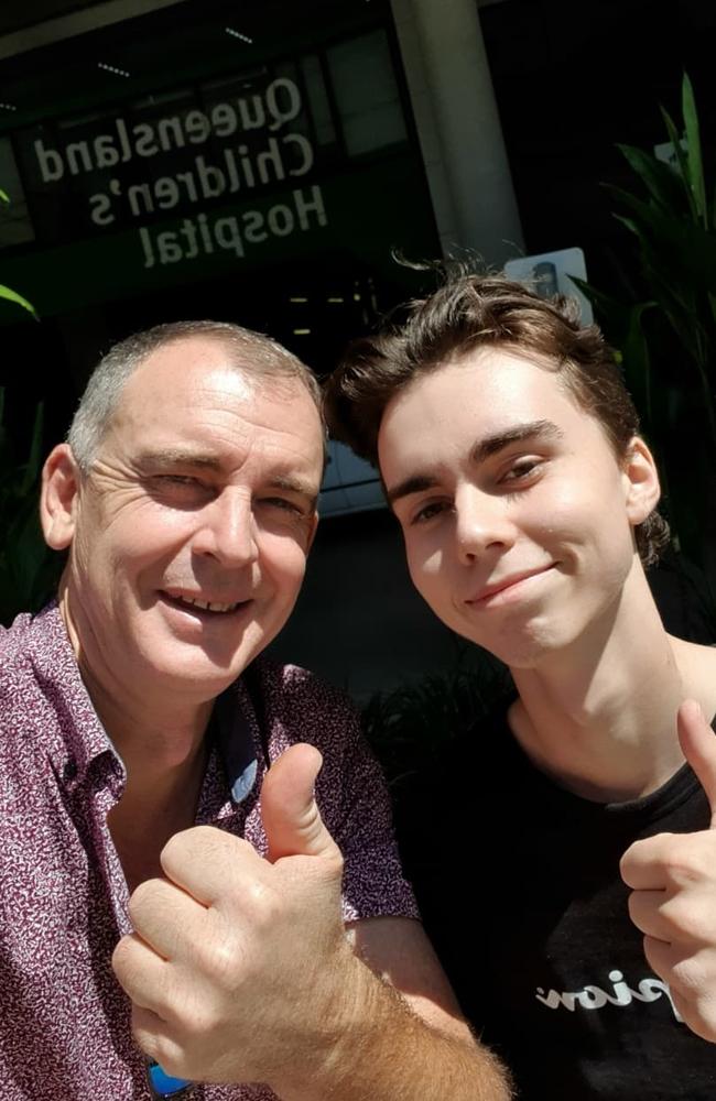 Tim Newman and his son Tyler as they leave the Queensland Children’s Hospital. Picture: Facebook