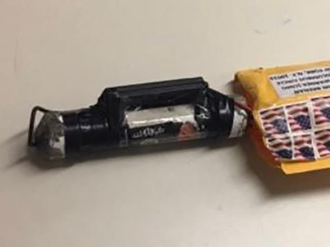 A suspected explosive device in the form of a pipe bomb received at the CNN bureau in New York City on October 24, 2018. Picture: Courtesy of CNN / AFP