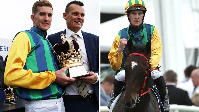 Jockey Chad Schofield and trainer Joe Pride celebrate Ceolwulf's brilliant King Charles III Stakes victory at Royal Randwick on The Everest Day. Pictures: Jeremy Ng / Getty Images