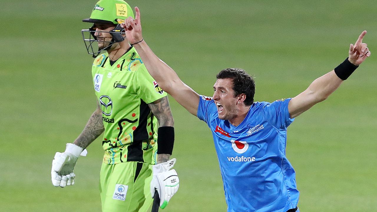 Dan Worrall celebrates removing Usman Khawaja.