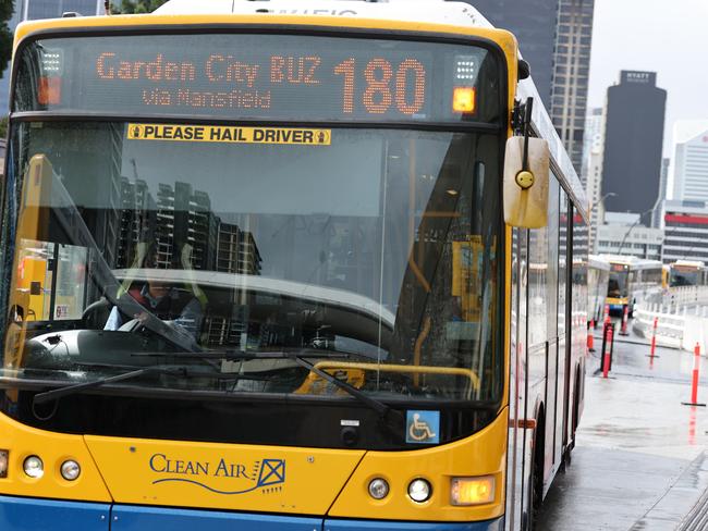 Buses cross Victoria Bridge towards South Brisbane. Picture Lachie Millard