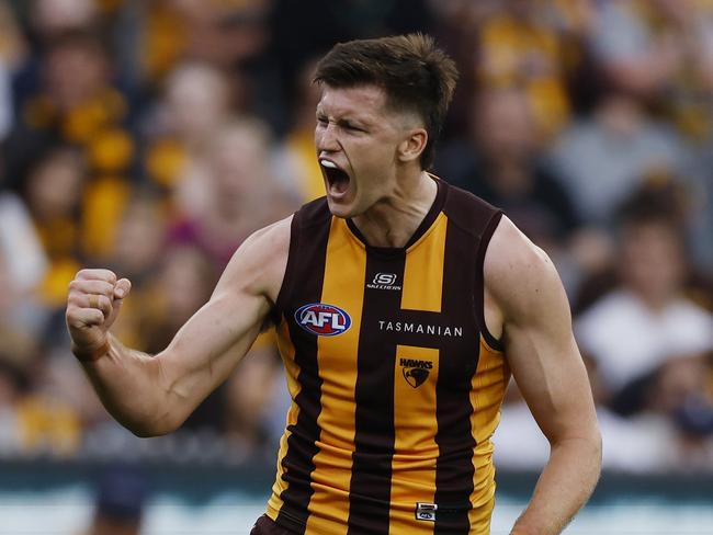 Mitch Lewis of the Hawks celebrates a 2nd quarter goal. Picture: Michael Klein