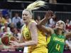 Australia's Lauren Jackson, left, drives to the basket against Brazil's Adriana Pinto during a women's basketball game at the 2012 Summer Olympics, Wednesday, Aug. 1, 2012, in London. (AP Photo/Charles Krupa)