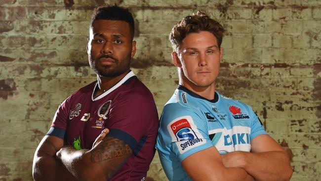 Queensland Reds skipper Samu Kerevi and NSW Waratahs captain Michael Hooper. Picture: AAP Image/Dean Lewins