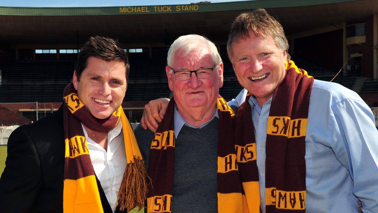 Hawthorn greats Shane Crawford, Graham Arthur and Peter Knights in 2021.