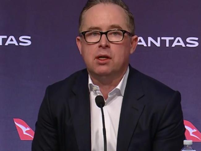 Qantas CEO Alan Joyce addressing the media about the airline's job cuts. Picture: Sky News