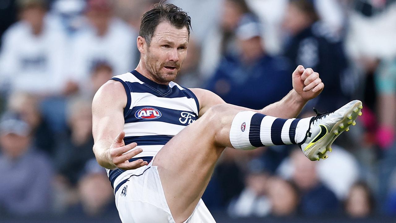 Patrick Dangerfield spent most of the Cats’ practice match against Essendon up forward. Picture: Michael Willson/AFL Photos via Getty Images