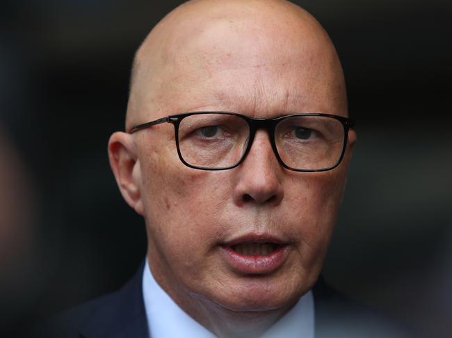 BONDI JUNCTION, AUSTRALIA - APRIL 18: Australian Opposition Leader Peter Dutton speaks with the media after laying a flower tribute at the edge of Westfield Bondi Junction during a day of reflection on April 18, 2024 in Bondi Junction, Australia. The Westfield Bondi Junction shopping centre opened today for the community to reflect following stabbing attack that killed seven, including the offender, on April 13, 2024. The shopping centre is not open for retail trade but is expected to re-open for business on April 19, 2024. (Photo by Lisa Maree Williams/Getty Images)