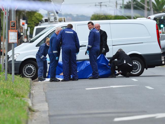 A man has been shot on the street in Bell Post Hill. Police have blocked off the scene. Anakie Road Bell Post Hill Geelong Picture: Mitch Bear