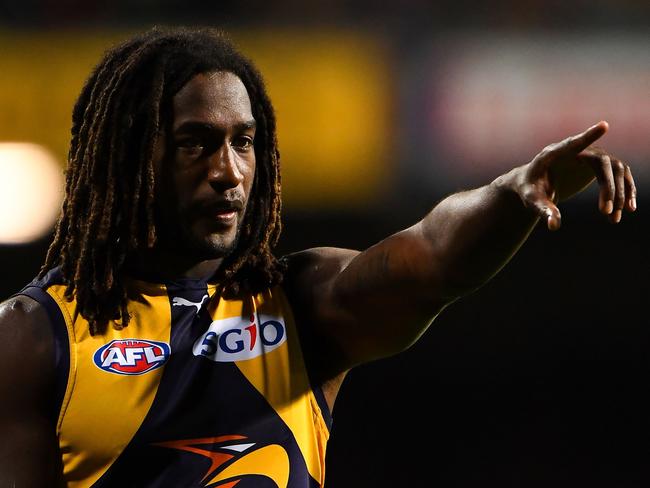 PERTH, AUSTRALIA - AUGUST 19: Nic Naitanui of the Eagles directs his players during the 2016 AFL Round 22 match between the West Coast Eagles and the Hawthorn Hawks at Domain Stadium on August 19, 2016 in Perth, Australia. (Photo by Daniel Carson/AFL Media/Getty Images)