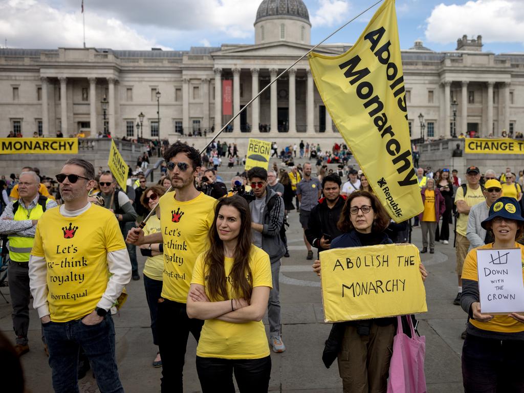 Anti-monarchy protesters hold placards and flags as they demonstrate in Trafalgar Square on May 5, 2024 in London, England. May 6 will mark one year since the coronation of King Charles, following the death of Queen Elizabeth in 2022. (Photo by Jack Taylor/Getty Images)