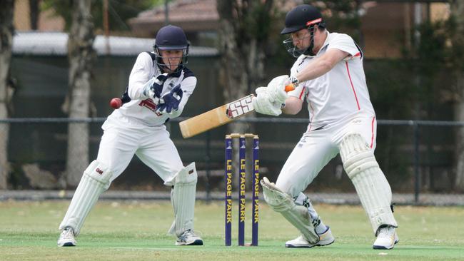 Kingston Heath captain Steve Burke hits a boundary. Picture: Valerie Campan