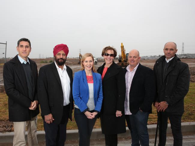 Frederic Leforestier from Gregory Hills Corporate Park, Satwant Calais from Gregory Hills Development Company, Camden Mayor Lara Symkowiak, Phillipa Russell, Richard Harris and Duncan Bull at the site of Camden Medical Campus last year.