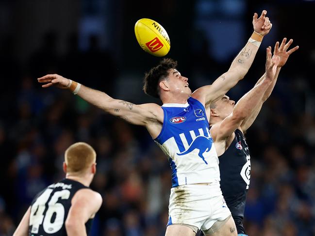 Zac Fisher of the Kangaroos competes for the ball during the 2024 AFL Round 19 match between the Carlton Blues and the North Melbourne Kangaroos. Picture: Michael Willson/AFL Photos via Getty Images.