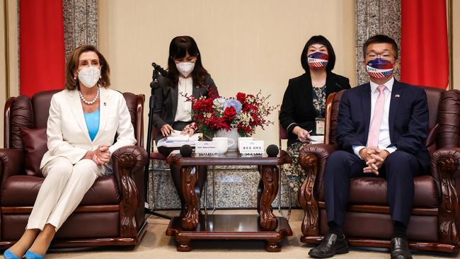 US Speaker of the House Of Representatives Nancy Pelosi, left, attends a meeting at the Legislative Yuan, Taiwan's house of parliament, with Tsai Chi-Chang, right, Vice President of the Legislative Yuan on August 3 in Taipei, Taiwan.