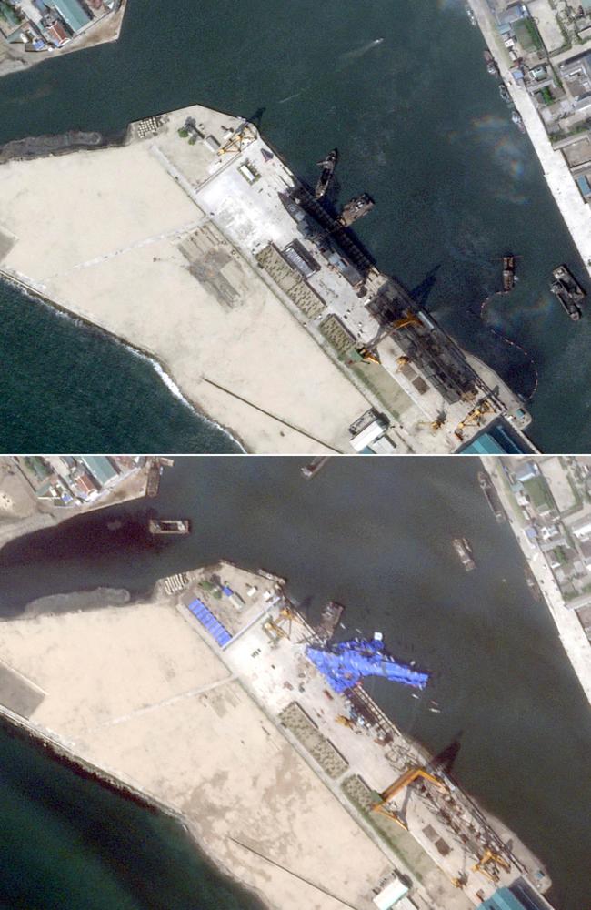 The warship pictured at the harbour ahead of its launch in Chongjin on May 20 (top) and the warship that appears to be capsized. Picture: Handout/2025 Planet Labs PBC/AFP