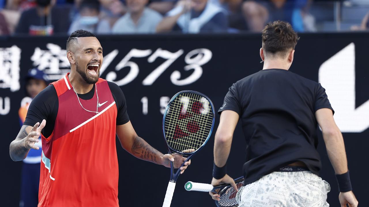 Aussie besties Nick Kyrgios and Thanasi Kokkinakis have knocked out the top seeds in round two doubles at the Australian Open. Picture: Darrian Traynor/Getty Images