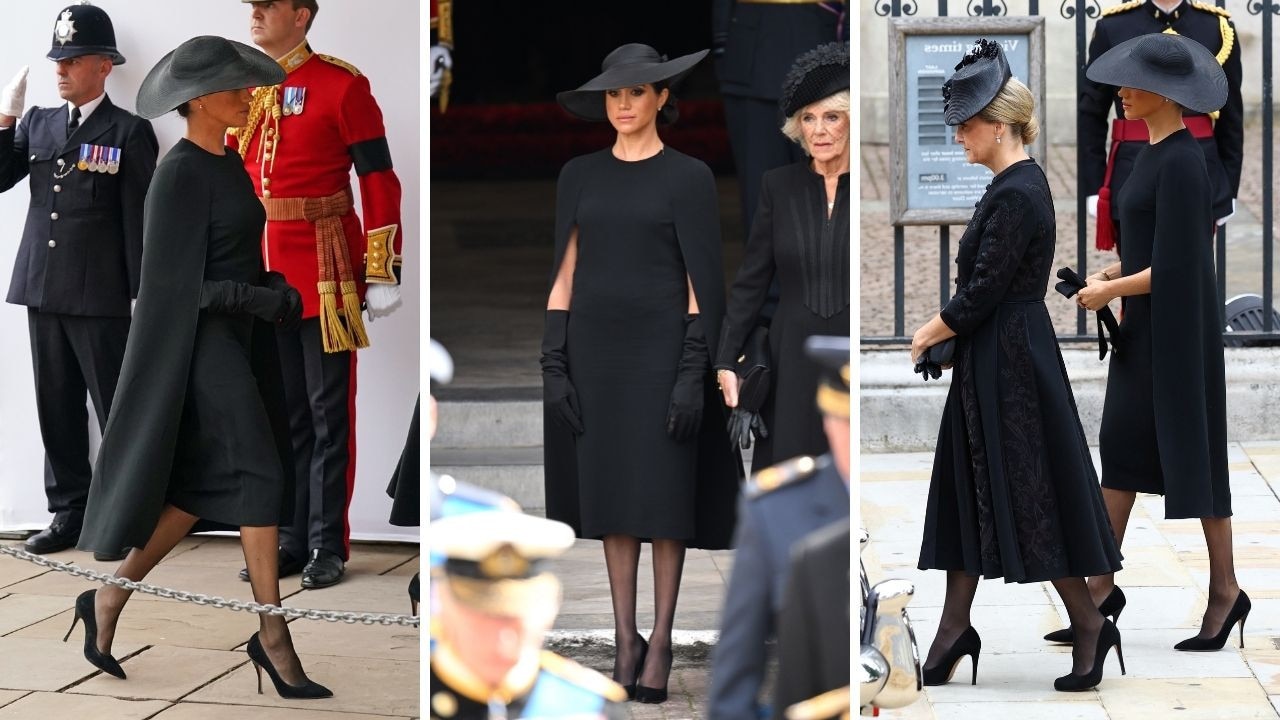 WINDSOR, ENGLAND - SEPTEMBER 19: Meghan, the Duchess of Sussex arrives at the Committal Service for Queen Elizabeth II held at St George's Chapel in Windsor Castle on September 19, 2022 in Windsor, England. The committal service at St George's Chapel, Windsor Castle, took place following the state funeral at Westminster Abbey. A private burial in The King George VI Memorial Chapel followed. Queen Elizabeth II died at Balmoral Castle in Scotland on September 8, 2022, and is succeeded by her eldest son, King Charles III. (Photo by WPA Pool/Getty Images)