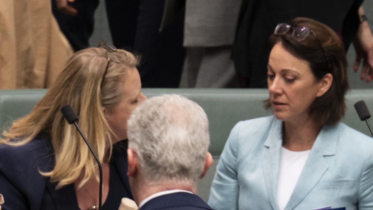 Teal MPs Kylea Tink and Sophie Scamps during a division in the House or Representatives at Parliament House in Canberra. Picture: NCA NewsWire / Martin Ollman