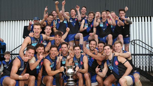 Star-studded University Blues celebrate their 2019 premiership. Picture: Hamish Blair