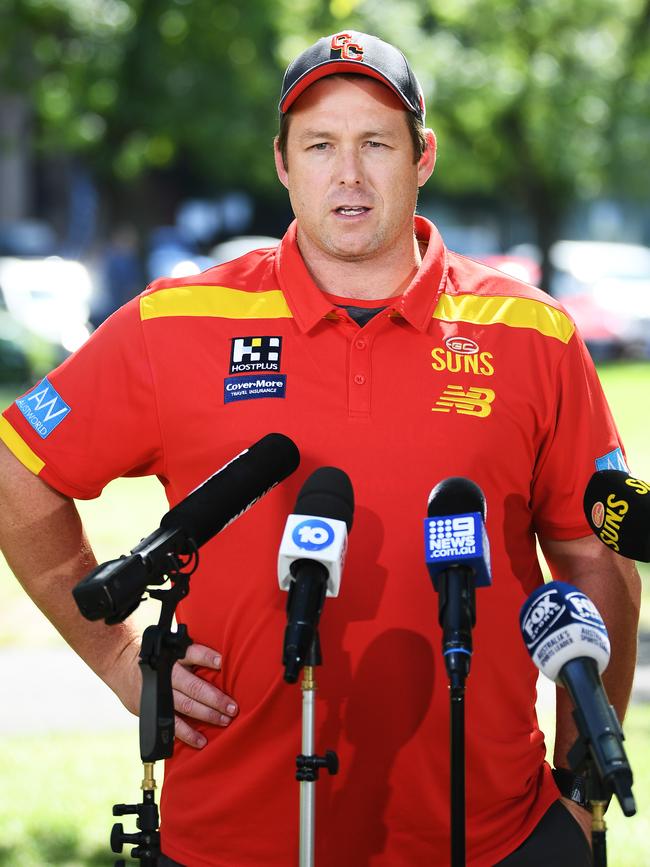 Dew speaks at the Suns’ new home in Adelaide. Pictures: Getty Images