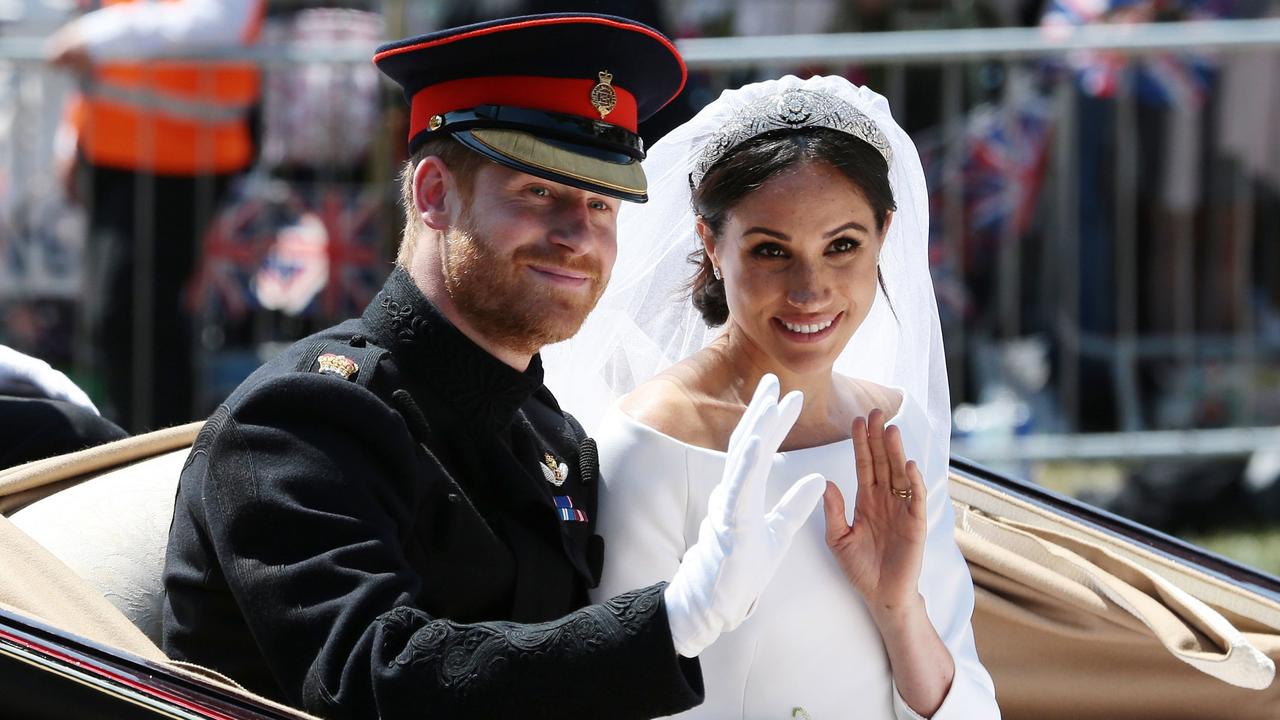 Meghan Markle in the The Queen Mary Diamond Bandeau Tiara, said to be her second choice of head piece, during the carriage procession after her wedding ceremony to Prince Harry. Picture: Aaron Chown/WPA Pool/Getty Images