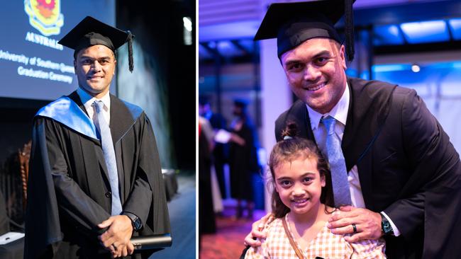 Valedictorian Karmichael Hunt graduated with a Bachelor of Science (Psychology), attending a USQ graduation ceremony at the Ipswich Civic Centre with his wife and eldest daughter Halo. Picture: Supplied