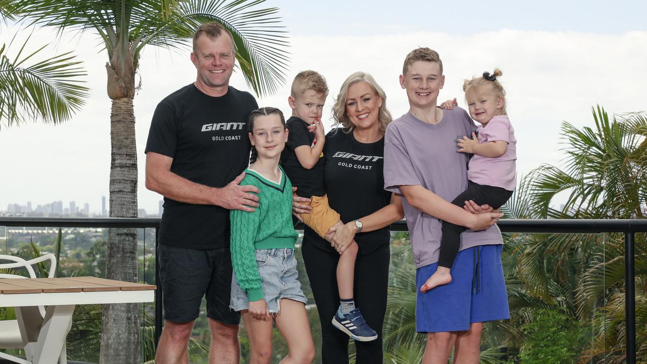 Karla and Michael Ronning with kids Stella , Harvey Liam and Stella looking to sell their Highland Park Home.Picture: Glenn Campbell