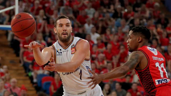 Adam Gibson (left) during the NBL semi-final match between the Perth Wildcats and the Brisbane Bullets at RAC Arena in Perth