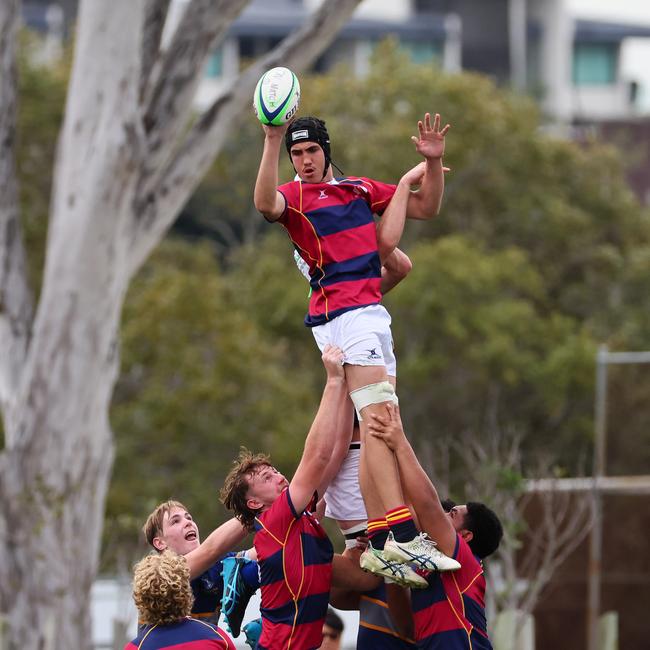 Mattias Agent brings down lineout ball during the 2023 GPS rugby season. Picture: Tertius Pickard