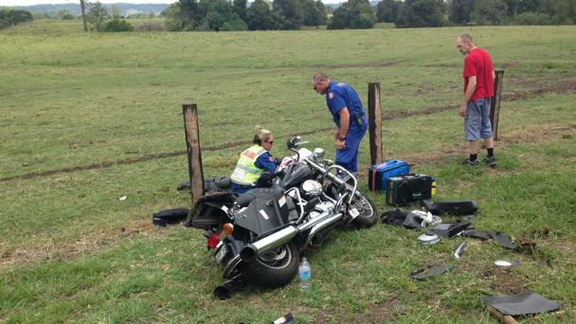 One of the motorcycle crashes on Nimbin Road near the Booerie Creek home of Peter Szaak. Photo Contributed. Picture: Contributed