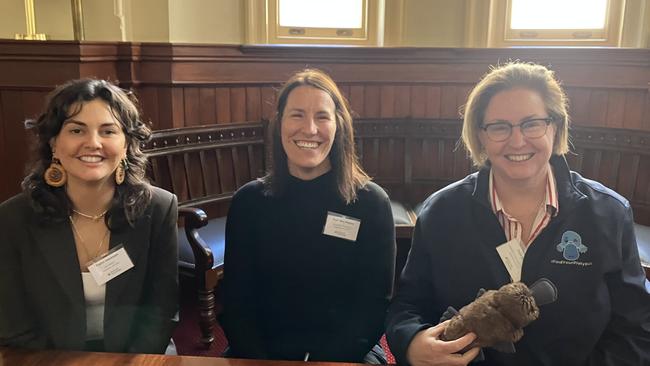 Superstars of STEM (L-R) Tiahni Adamson, Tara Pukala, Patricia Kerin with her platypus mascot. Picture Brad Crouch