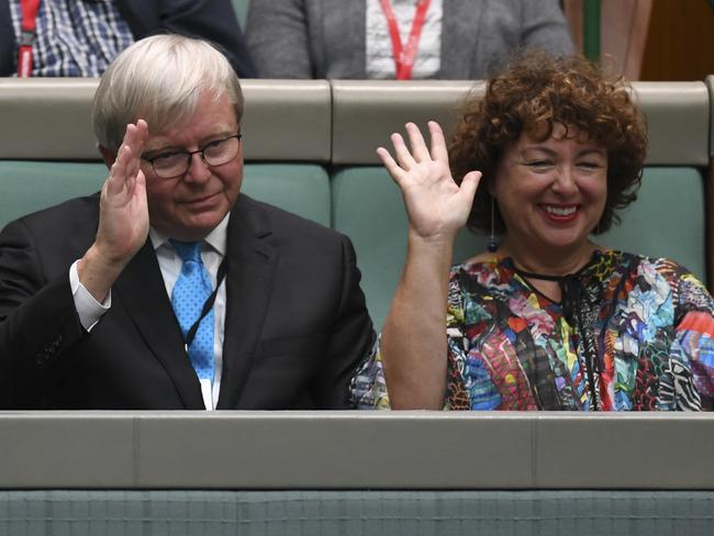 Former Australian Prime Minister Kevin Rudd and his wife Therese Rein are seen during House of Representatives Question Time at Parliament House in Canberra, Tuesday, February 13, 2018.  (AAP Image/Lukas Coch) NO ARCHIVING