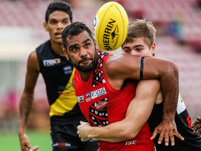 Nathan Djerrkura has his eye on the ball as Nightcliff V Tiwi at TIO Stadium .Pic Glenn Campbell