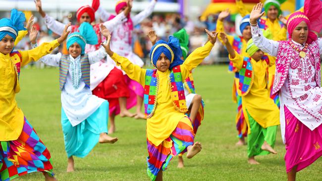 Cultural dancers entertain the crowds at the Australian Sikh Games in Bass HIll. Picture: Angelo Velardo