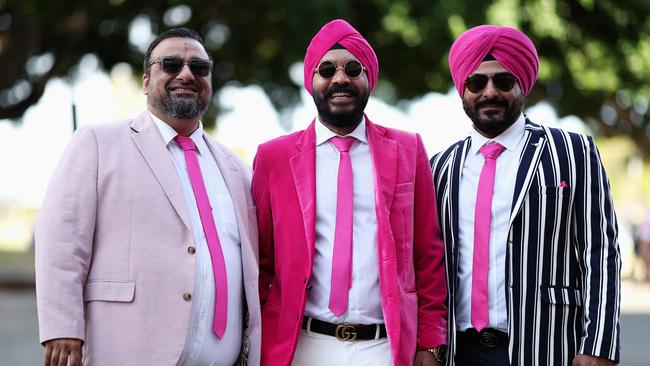 Spectators pose wearing pink during Jane McGrath Day. Picture: Getty Images