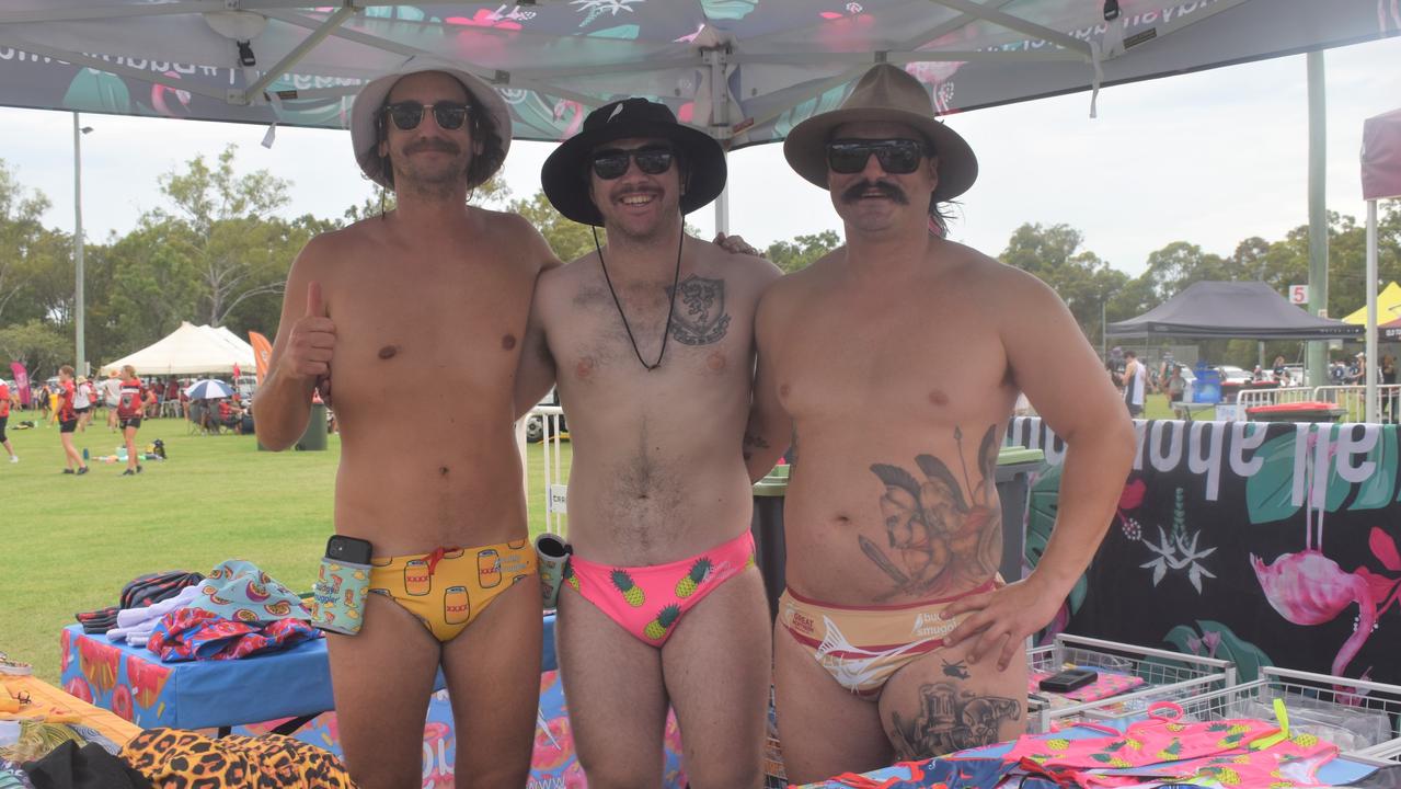 Offering plenty of colourful budgie smugglers for sale is Johnny Palmer, Lachie Malone and Andrew Lowe who travelled from Brisbane and Sydney with business Budgy Smuggler.