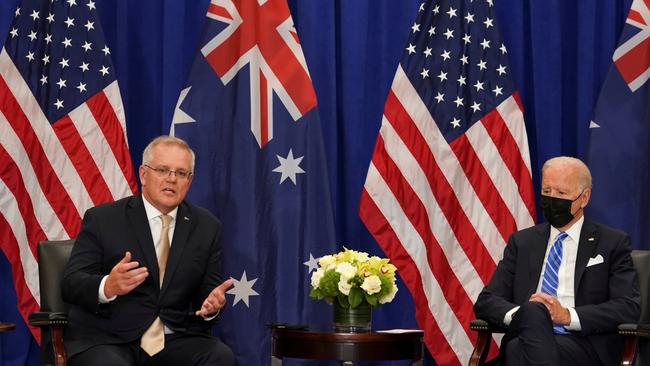 Scott Morrison met with Joe Biden ahead of the first in person meeting of the Quad on Friday. REUTERS/Kevin Lamarque